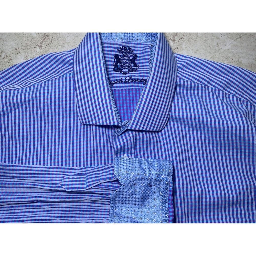 English Laundry Mens Long-Sleeve Button-Up Shirt Blue Checkered 100% Cotton‎  17